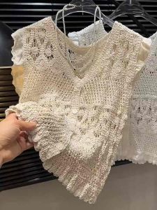 Áo len-ren sợi móc sát nách tay viền bèo cánh tiên mặc đi chơi đi biển mùa hè phong cách tiểu thư