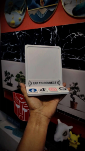 Jan D Craft Smart NFC Social Media & QR Code Stand with customizable logo slot and social media icons for easy connection.