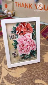 ภาพวาดดอกโบตั๋นสีแดง โบตั๋นสีชมพู ภาพวาดสีน้ำ ขนาด5x7นิ้ว พร้อมกรอบแขวนได้ตั้งได้