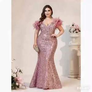 Plus Size Elegant Romantic Sequins Feather Shoulder Decor Women Evening Party Gown (Heavy Duty) (The Shoulder Feathers Are Fake Made Of Feathers) Formal Prom Wedding Guest Dress For Graduation Dinner