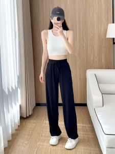 (READY STOCK)Womens Summer OL Office Wear Wide-Leg Pants Black Casual Long Pants Elastic High Waist Elastic Pocket