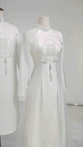 CẶP ÁO DÀI TRẮNG CHỮ HỶ ĐÍNH ĐÁ THÊU CẶP CHIM PHỤNG - CƯỚI HỎI  DẠM HỎI  TIỆC NHÀ THỜ