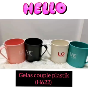 (1 PCS) H622 Gelas Couple Plastik LOVE / Gelas Couple Black White and Tosca Pink