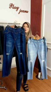 Celana Jeans Wanita Distro Wishker Pinggang Karet Size Jumbo