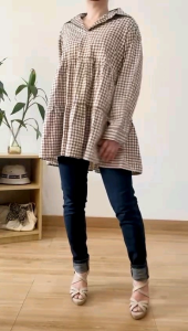 ●ECLAIRE● 0IS Blouse Tunik Tiered Susun Lengan Panjang Longsleeves Motif Geometris Kotak Square Gingham Kasual Casual Basic Muslim NZoa