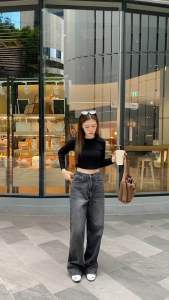 New Black Baggy Jeans🖤 กางเกงยีนส์ ขากระบอกใหญ่ เอวสูง ผ้าไม่ยืด กางเกงยีนส์ผู้หญิง baggy