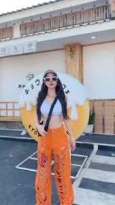 MOODY5523 กางเกงยีนส์ขายาวทรงกระบอกใหญ่ แต่งขาดๆเซอร์ๆ ทรงหลวมๆวินเทจ