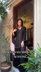 [PRE-ORDER] 2026 OCT WOMEN PAKISTANI SUIT 3PCS BLACK EMBROIDERED KURTI WIDE PALAZZO DUPATTA M-2XL | BLACK BOLLYWOOD DRESS SEQUIN KURTI PALAZZO | INDIAN PARTY WEAR 3PCS