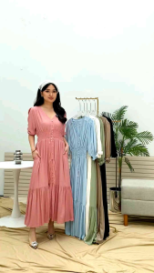 LS442 Queenstreet Ruffle Smock Rayon Maxi Dress Premium | Gaun Panjang Wanita Mewah Kasual (BISA COD - READY STOK SURABAYA)