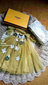dress party anak simpel elegan dengan banyak bunga +free bando