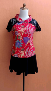 atasan wanita merah motif daun batik YU TANG GE cewek M lengan pendek MEWAH blouse santai atas lace