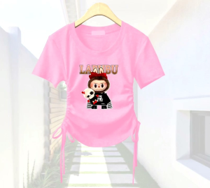 Crew Neck Croptop Atasan Cewek Murah Monster Labubu Model Korean Serutan 2 Sisi Lengan Pendek