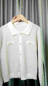 Elegant Tweed-Style Knit Cardigan POLO Neck Button-Up Long Sleeve Sweater