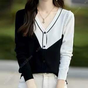 Áo Kiểu Nữ Len Mongtoghi Dệt Kim Cổ Chữ V Tay Dài Đính Ngọc Thời Trang