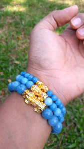 Gelang Manik Manik Aquamarine Bracellet Pixiu Emas