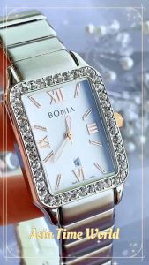 [Original] BNB10701-2313S Bonia Elegance Rectangle Womens Watch with White Dial and Silver Stainless Steel Bracelet | Official Warranty