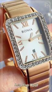 [Original] BNB10701-2513S Bonia Elegance Rectangle Womens Watch with White Dial and Rose Gold Stainless Steel Bracelet | Official Warranty
