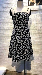 *KRS* Dress Tali Daisy Wanita / Dress Wanita motif bunga hitam dan putih