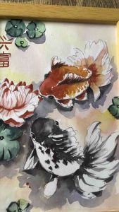 ภาพวาดปลามงคล ปลาทอง ภาพวาดสีน้ำ ขนาด5x7นิ้ว พร้อมกรอบกระจก ขอบไม้ แขวนได้ตั้งได้ แข็งแรงสวยงาม