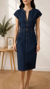 Preloved V- Neck Midi Denim Dress with pocket with button and with belt loops (Best Fit: Medium)