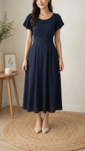 Preloved Maxi Dress Navy Blue Medium Size Round Neck Button on Shoulder Gathered Back Waist Flowy Comfortable Elegant Fit Perfect for Any Occasion