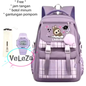 Tas Ransel Anak Perempuan LABUBU Viral Tas Ransel Sekolah Free Botol Minum Jam Tangan Gantungan Pompom Tas Ransel