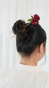 Amefurashi Hairpin Hair Stick Royal Maroon Rose Headdress Wedding Tusuk Konde Wanita