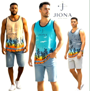 L-XXL Sando Summer Hawaiian Tanks Men Plus Size with Palm Tree Design and Vibrant Colors