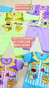 1Set 3Pasang ( 5-12bulan ) Baby Sleepsuit Pajamas Lenggan