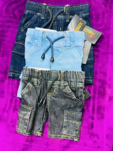 Baby kids cargo shorts denim fabric size 3m-18m or 2y-12y. Key attributes: light blue denim cargo pockets drawstring waist. Fit/use: casual wear. Scene: indoor setting.