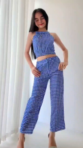 Kids Girls Gingham Halter Crop Top & Wide Leg Pants Co-Ord Set Casual Two Piece Outfit ( 7-10 yrs old)