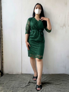 Dress Brukat Span Premium Gaun Pesta Selutut Lengan 7/8 Glamour Dress Party Untuk Natalan dan Kondangan