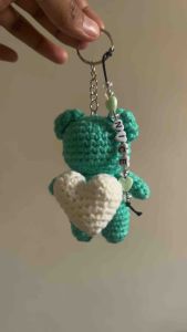 CROCHET BEAR WITH HEART KEYCHAIN PERSONALIZED BEADED NAME