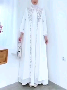 Gamis Bordir Wanita Model Layar Terbaru Linen Dress Kondangan Lebaran 2025 Mewah Elegan Putih Hitam