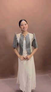 Arach Kultura Thread Puffed Sleeve Black and white checkered pattern structured shoulders short length open front Formal or semi-formal occasions Indoor setting