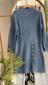 ●ECLAIRE● 043 Dress Mini Knit Rajut Lengan Panjang Longsleeves Slit Belahan Button Kancing Korea Kasual Urban Trendy Mode Import llo