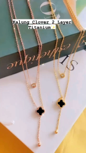 RinaXp - Kalung Clover 2Layer Titanium Motif Bunga Hitam Import Anti Karat