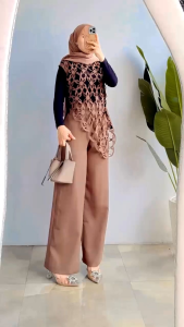 Sanaz One Set Vol 5 – Setelan Wanita Muslim Elona Premium Atasan Brokat Bunga Elegan & Celana Panjang Lebar Kekinian