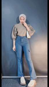 Celana jeans Cutbray Cargo Highwaist wanita streach melar - Celana panjang jeans cutbray cargo