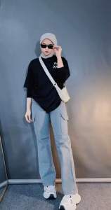 Celana Jeans Cargo Highwaist Wanita Loose kekinian-celana panjang cargo jeans highwaist