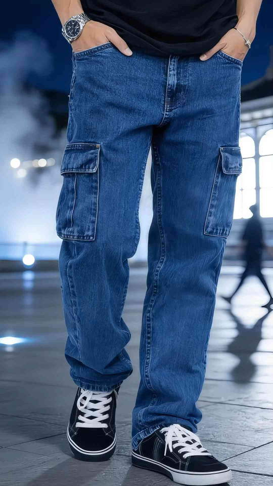 Light blue cargo jeans with faded wash and multiple pockets. Casual fit for everyday wear. Paired with white sneakers and a watch.