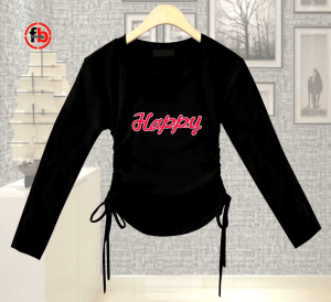 younghands crop top long sleeves happy serutan flexible 2 sisi model korean kekinian