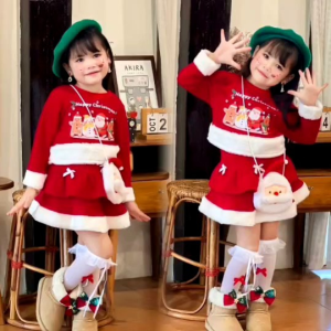 ชุดแซนตี้เด็กหญิงแบบเสื้อแขนยาว ชุดคริสต์มาสเด็กหญิง เซท 4 ชิ้นสุดน่ารัก