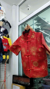 ชุดตรุษจีนเด็กเสื้อเด็กสีแดงงายไทยผ้าฝ้ายพิมพ์ลาย