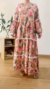 ●ECLAIRE● 034 Dress Maksi Maxi Gamis Bojuis Busui Susun Tiered Motif Floral Flower Bunga Lebaran Fashion Muslim Idul Fitri Adha