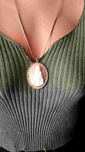 Mother Mary Cameo Pendant Rhinestone Peach Silver Stainless Statement Necklace