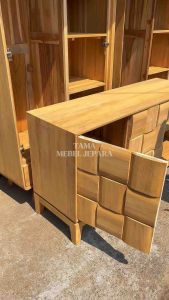 BUFET TV KAYU JATI 3 LACI MINIMALIS JEPARA - MEJA TV MODERN MOTIF LEGO TERLARIS