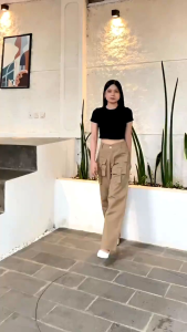 Celana Premium Cargo Pants Wanita Highwaist Casual Kekinian Korean Style Celana Panjang Kulot Hitam