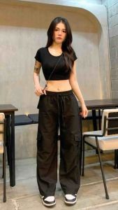 กางเกงคาร์โก้ ขายาว ทรงกระบอก จั้มเอว เชือกหน้า กระเป๋าด้านข้าง