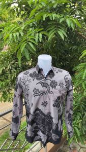 Kemeja Batik Pria Motif Bunga Abu Full Furing Bahan Katun 100%